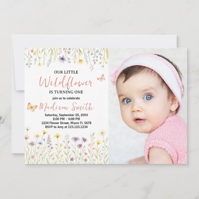 Floral First Birthday Invitation with photo (Front)