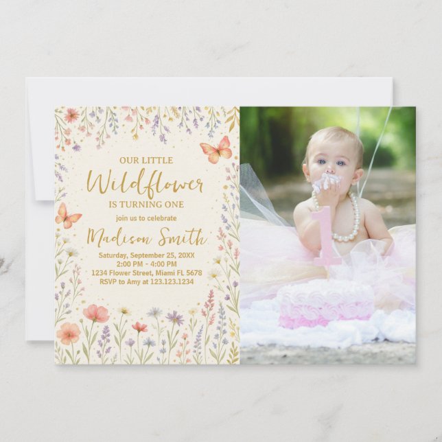 Floral First Birthday Invitation with photo (Front)