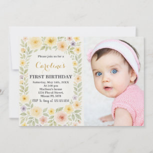 Floral First Birthday Invitation with photo