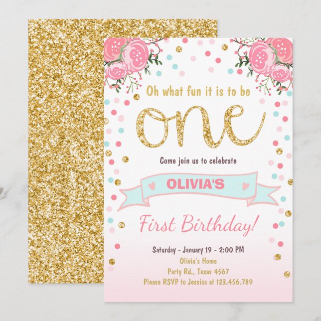 Floral First birthday invite Girl Pink Gold Roses (Front/Back)