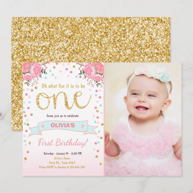 Floral First birthday invite Girl Pink Gold Roses (Front/Back)