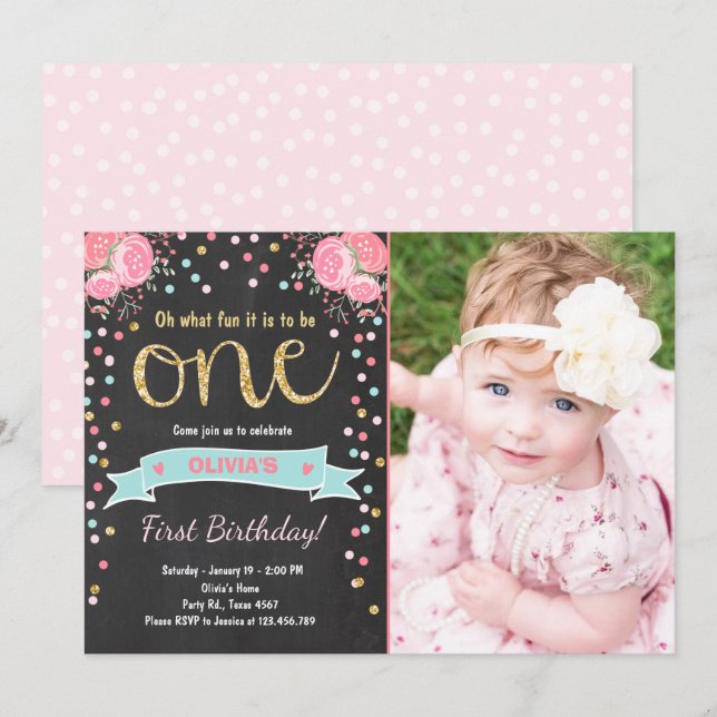 Floral First birthday invite Girl Pink Gold Roses (Front/Back)