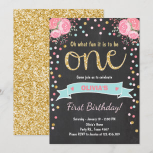 Floral First birthday invite Girl Pink Gold Roses