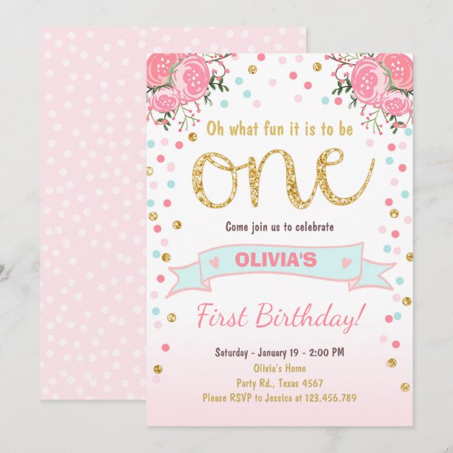 Floral First birthday invite Girl Pink Gold Roses (Front/Back)