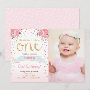 Floral First birthday invite Girl Pink Gold Roses