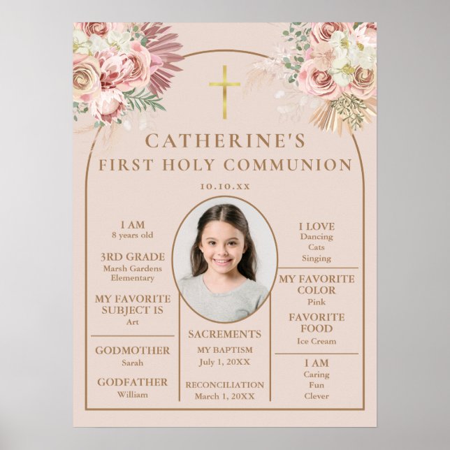 Floral First Communion Fun Facts Photo Sign (Front)