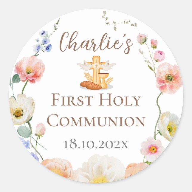 Floral First Communion Stikers Classic Round Sticker (Front)