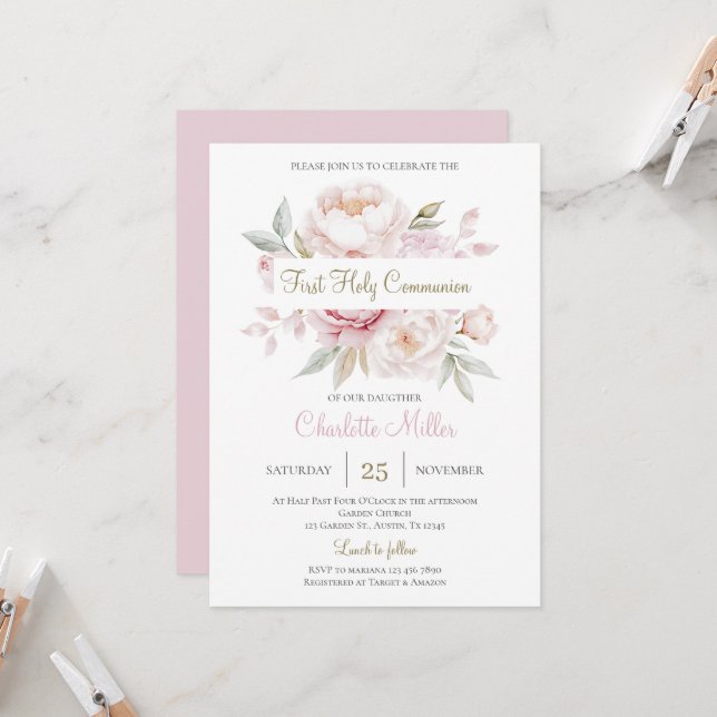 Floral First Holy Communion for girl Invitation (Front/Back In Situ)