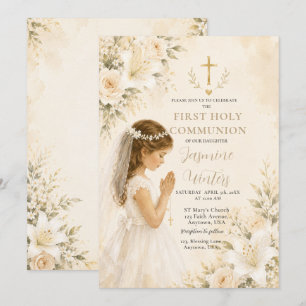 Floral First Holy Communion Girl Invitation