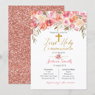 Floral First Holy Communion Invitations Rose Gold