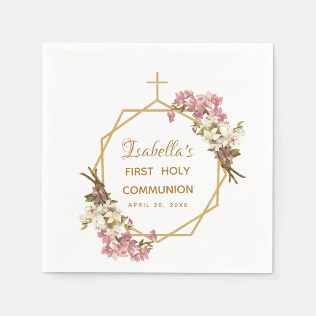 Floral First Holy Communion Orchids Gold Geometric Napkin (Front)