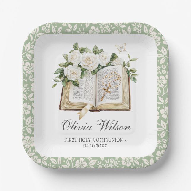 Floral First Holy Communion Paper Plate (Front)