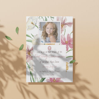 Floral First Holy Communion Photo Invitation