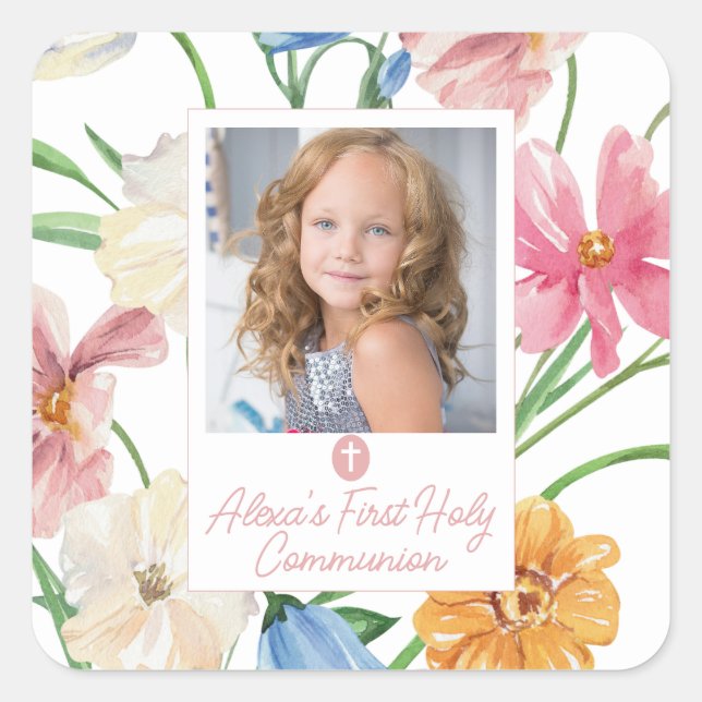 Floral First Holy Communion Photo Square Sticker (Front)