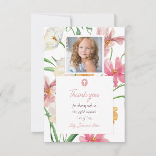Floral First Holy Communion Photo Thank You Card
