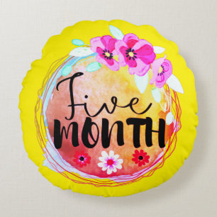 Floral Five Month Old Baby Milestone Label Round Cushion