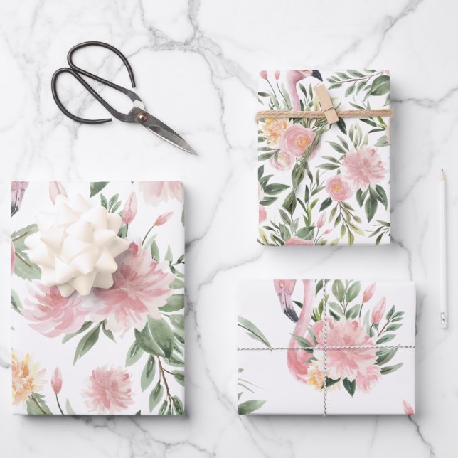 Floral Flamingo Pattern Wrapping Paper Sheet (Front)