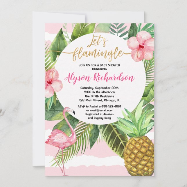 Floral flamingo pink gold girl baby shower invitation (Front)