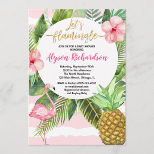 Floral flamingo pink gold girl baby shower invitation