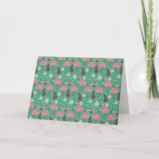 Floral flamingo seamless pattern pink green card (Front)