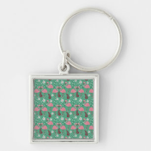 Floral flamingo seamless pattern pink green key ring