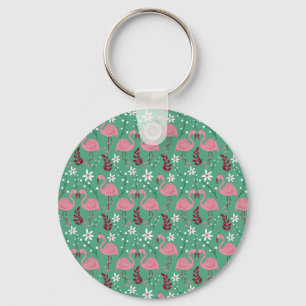 Floral flamingo seamless pattern pink green key ring