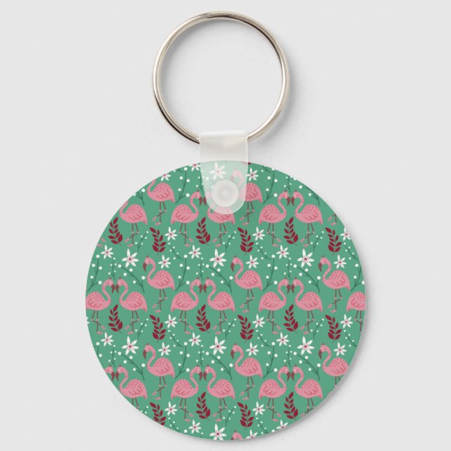 Floral flamingo seamless pattern pink green key ring (Front)