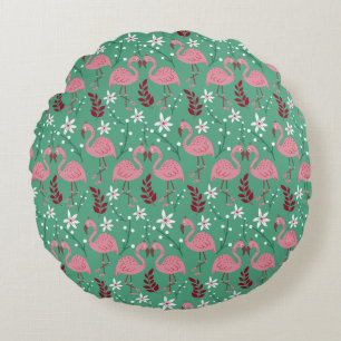 Floral flamingo seamless pattern pink green round cushion