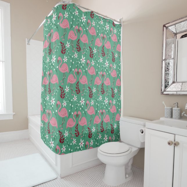 Floral flamingo seamless pattern pink green shower curtain (In Situ)