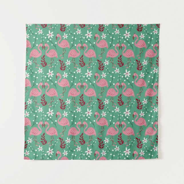 Floral flamingo seamless pattern pink green tapestry (Front)