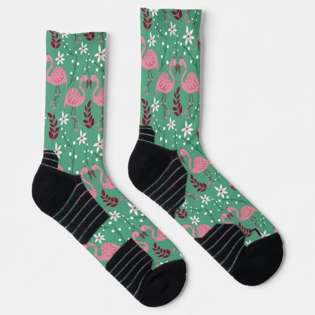 Floral flamingo seamless pattern pink green wrappi socks (Right)