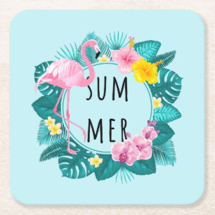 Floral Flamingo Summer Bliss Square Paper Coaster