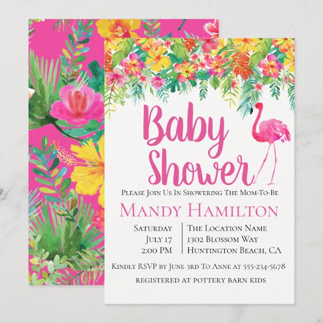 Floral Flamingo Tropical Baby Shower Invitation (Front/Back)