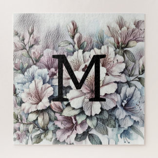 Floral floral drawing monogram pink blue azaleas  jigsaw puzzle