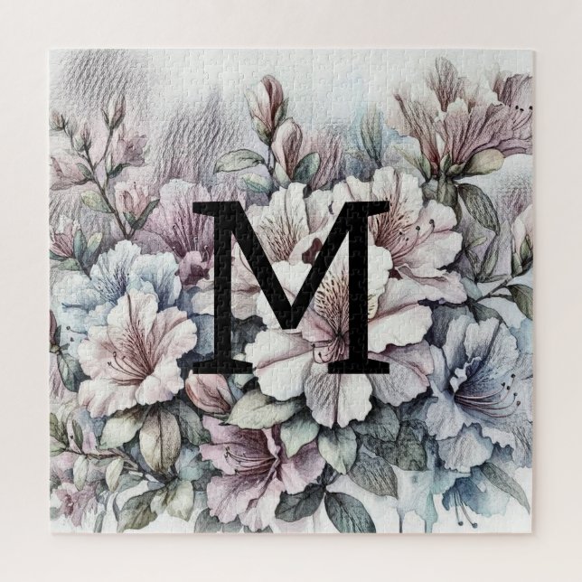 Floral floral drawing monogram pink blue azaleas  jigsaw puzzle (Vertical)