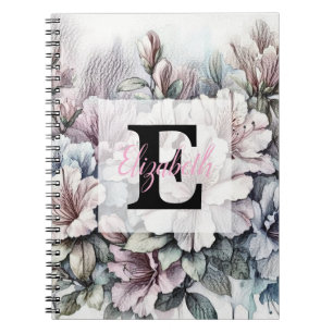 Floral floral drawing monogram pink blue azaleas notebook