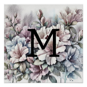 Floral floral drawing monogram pink blue azaleas poster