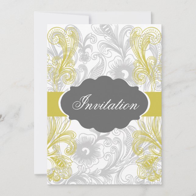 floral flourish grey and yellow Wedding Invitation (Front)