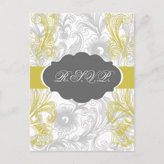 floral flourish grey and yellow Wedding Invitation Postcard (Front)