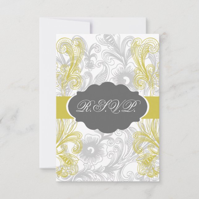floral flourish grey and yellow Wedding RSVP Card (Front)