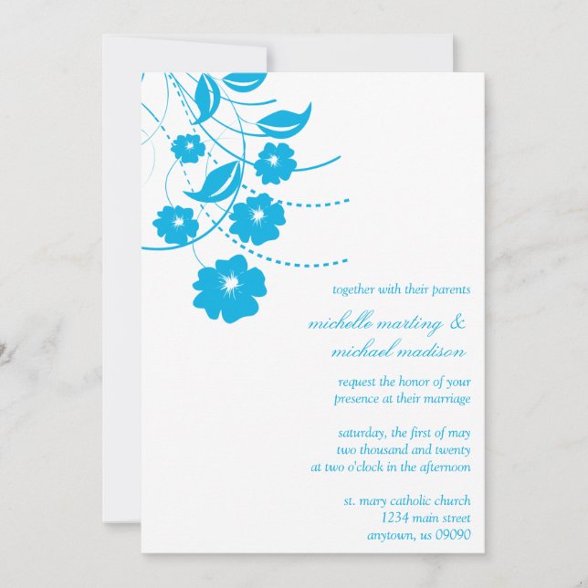 Floral Flourish Wedding Invitation (Blue / White) (Front)