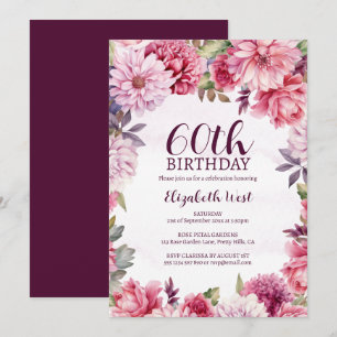 Floral Flower Bloom Blush Purple 60th Birthday Invitation
