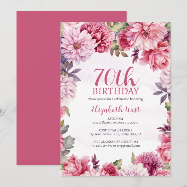 Floral Flower Bloom Hot Pink 70th Birthday Invitation (Front/Back)