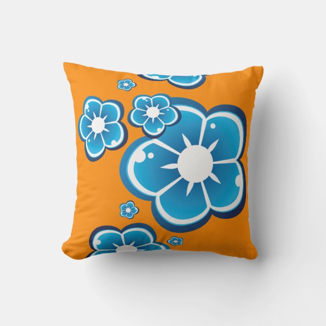 Floral Flower Blue Orange Pattern Cushion (Front)