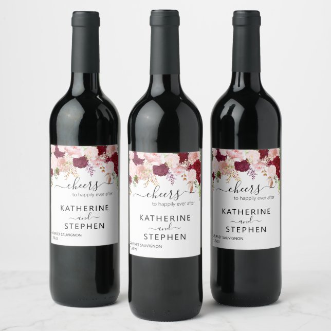 Floral Flower Cheers Wedding Blush  Burgundy Wine Label (Bottles)