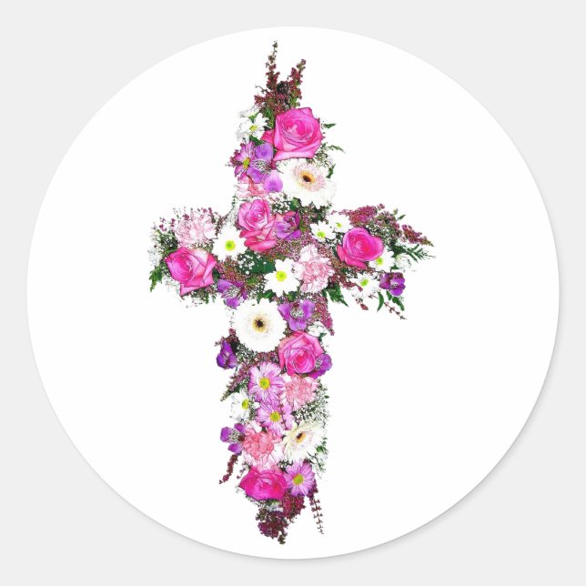Floral/Flower Cross Classic Round Sticker (Front)