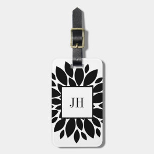 Floral Flower Damask Monogram Black White Pretty Luggage Tag
