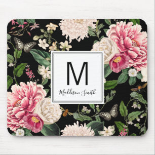 Floral Flower Garden Add Your Name Black Mouse Mat