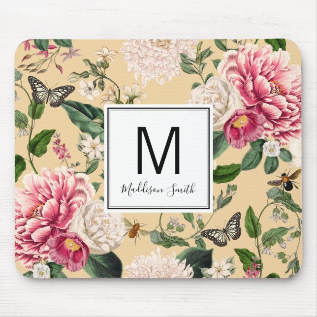 Floral Flower Garden Add Your Name Cream Yellow Mouse Mat (Front)