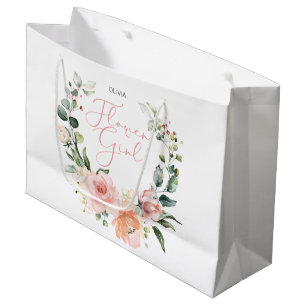 Floral Flower Girl Pink Watercolor Wreath Wedding Large Gift Bag
